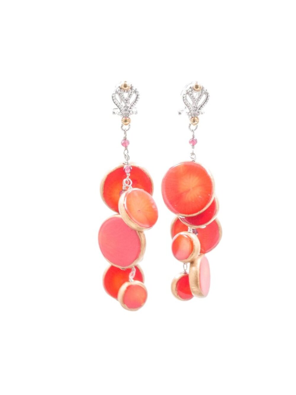 Sterling Silver Red Enameled Discs Dangle Earrings With Garnet 2 1/2 Inches